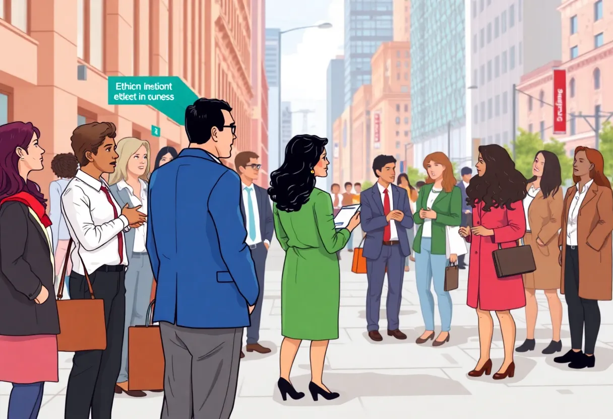 Illustration of diverse individuals discussing ethical business practices in Charlotte