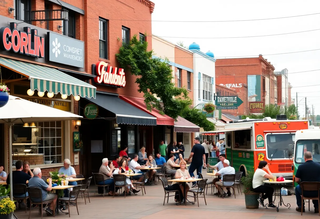 Fayetteville's diverse culinary scene with outdoor dining and food trucks.