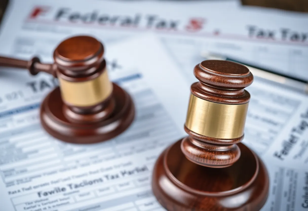 Gavel and tax documents.