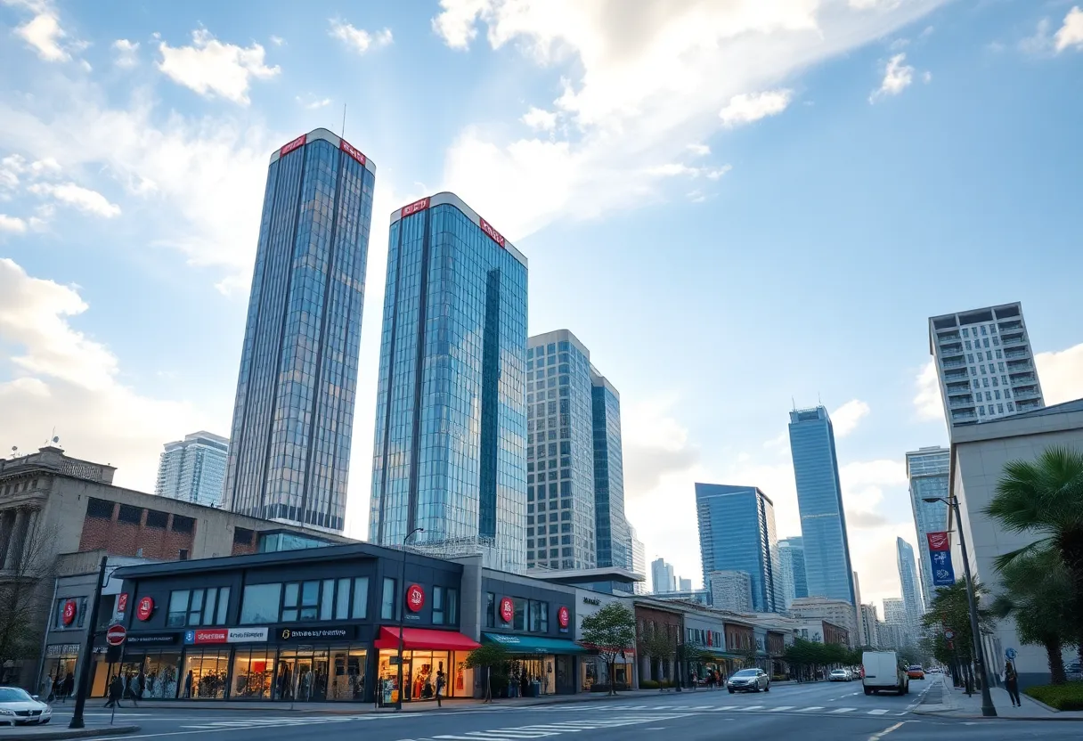 Illustration of financial growth in Charlotte with buildings and local shops.