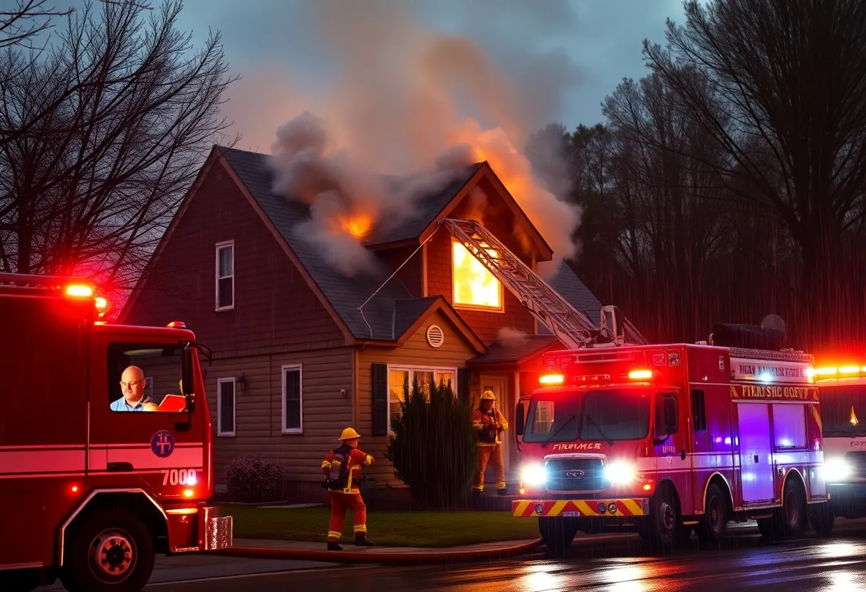 Firefighters battling a house fire in rainy conditions.