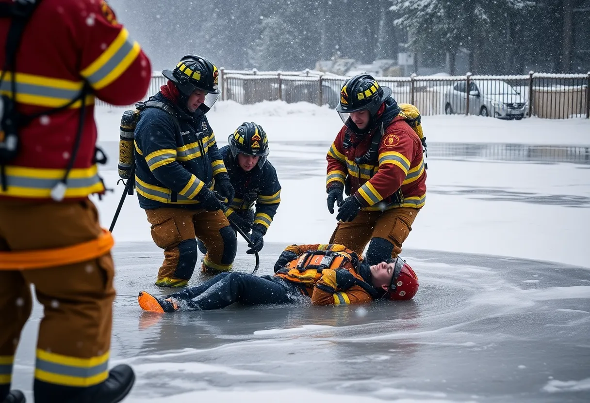 Firefighters rescuing a man from an icy pond in Charlotte during a snowstorm.