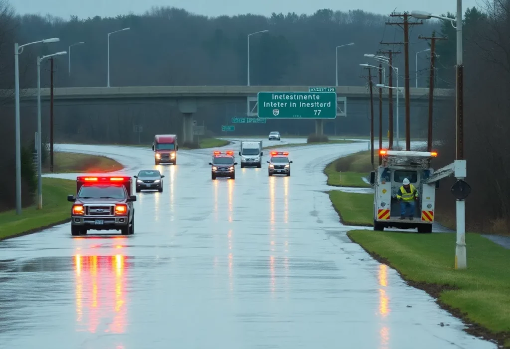 Flooded roadway with emergency services and utility crews in west Charlotte.