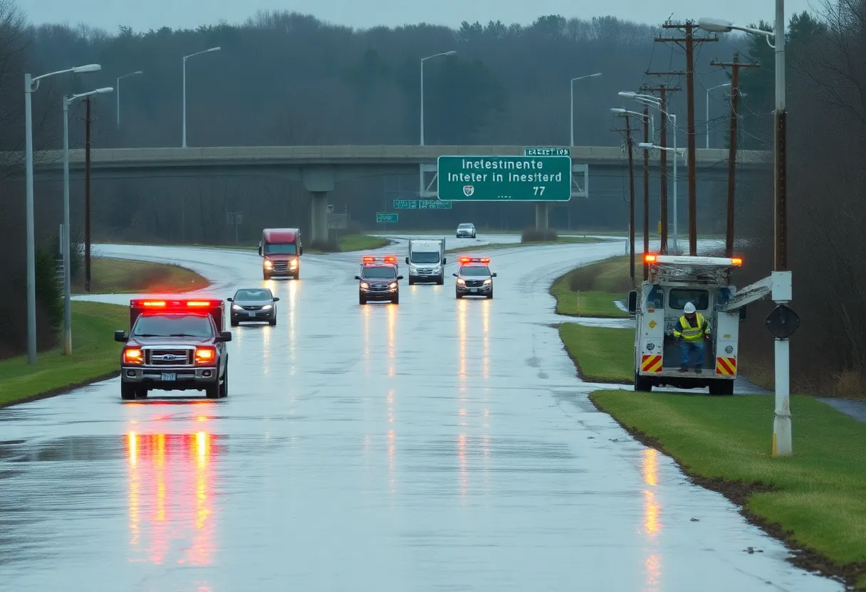 Flooded roadway with emergency services and utility crews in west Charlotte.