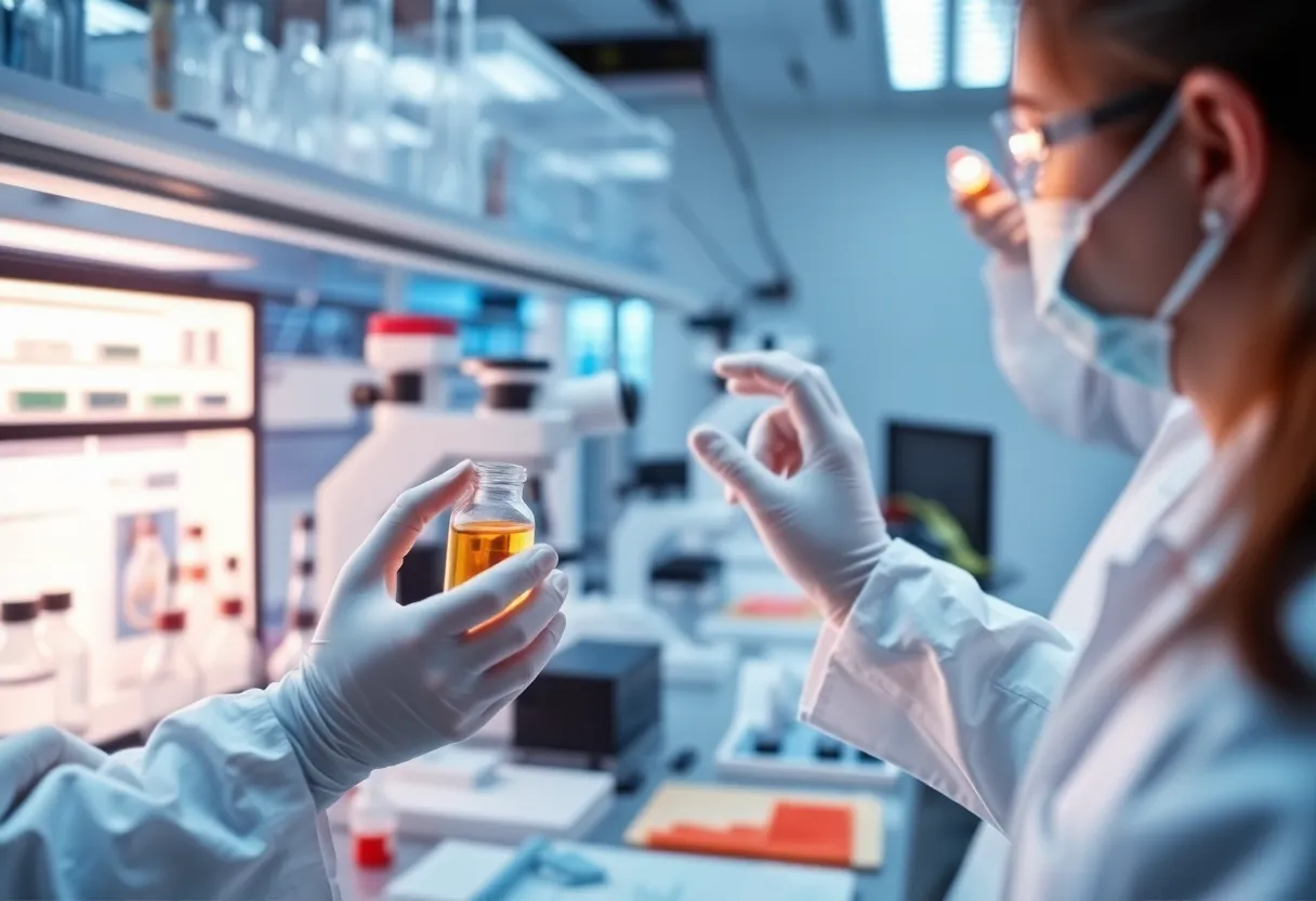 Laboratory scene with forensic technology analyzing DNA evidence