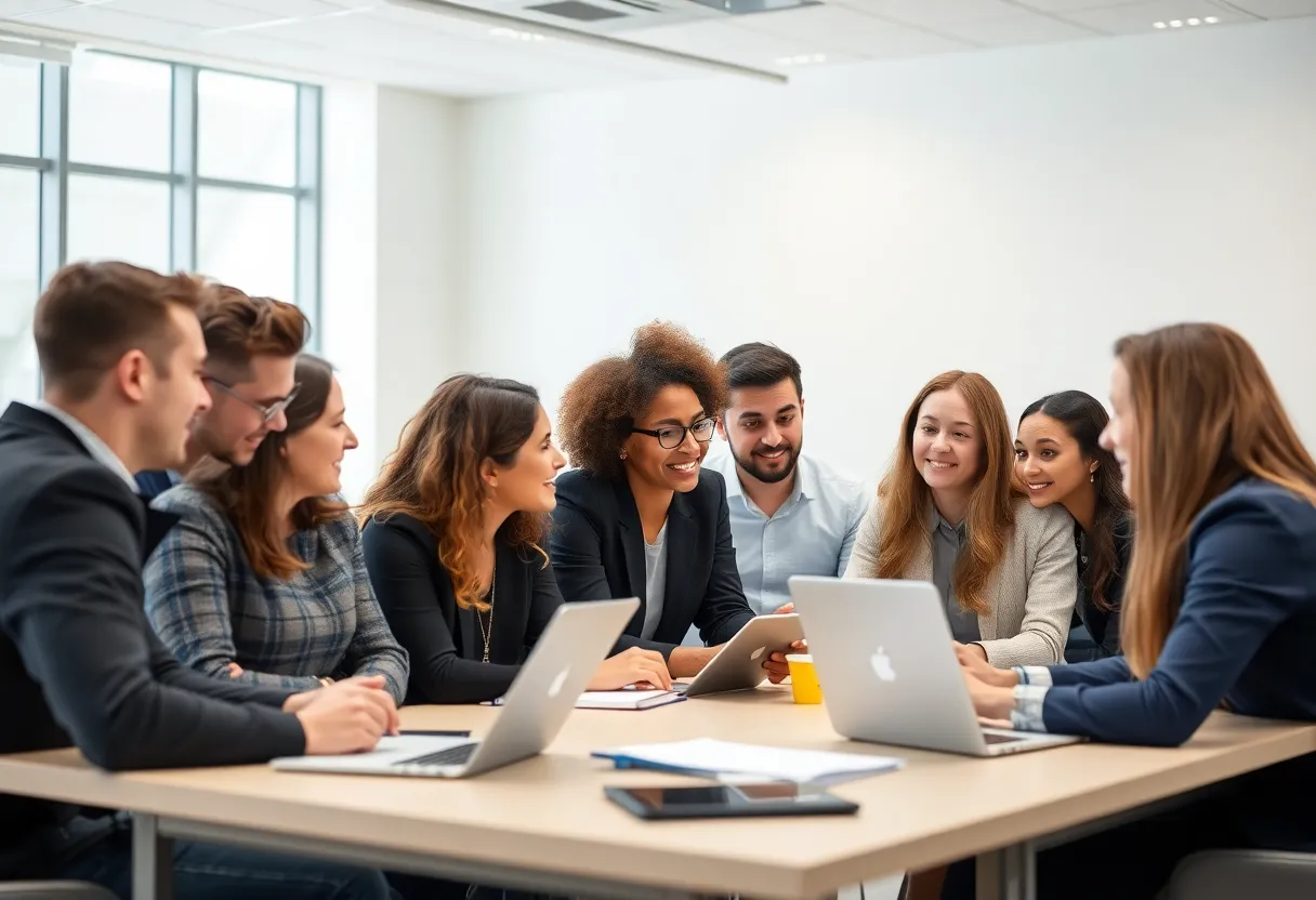 Students in a business class at UNC Charlotte engaging in discussion
