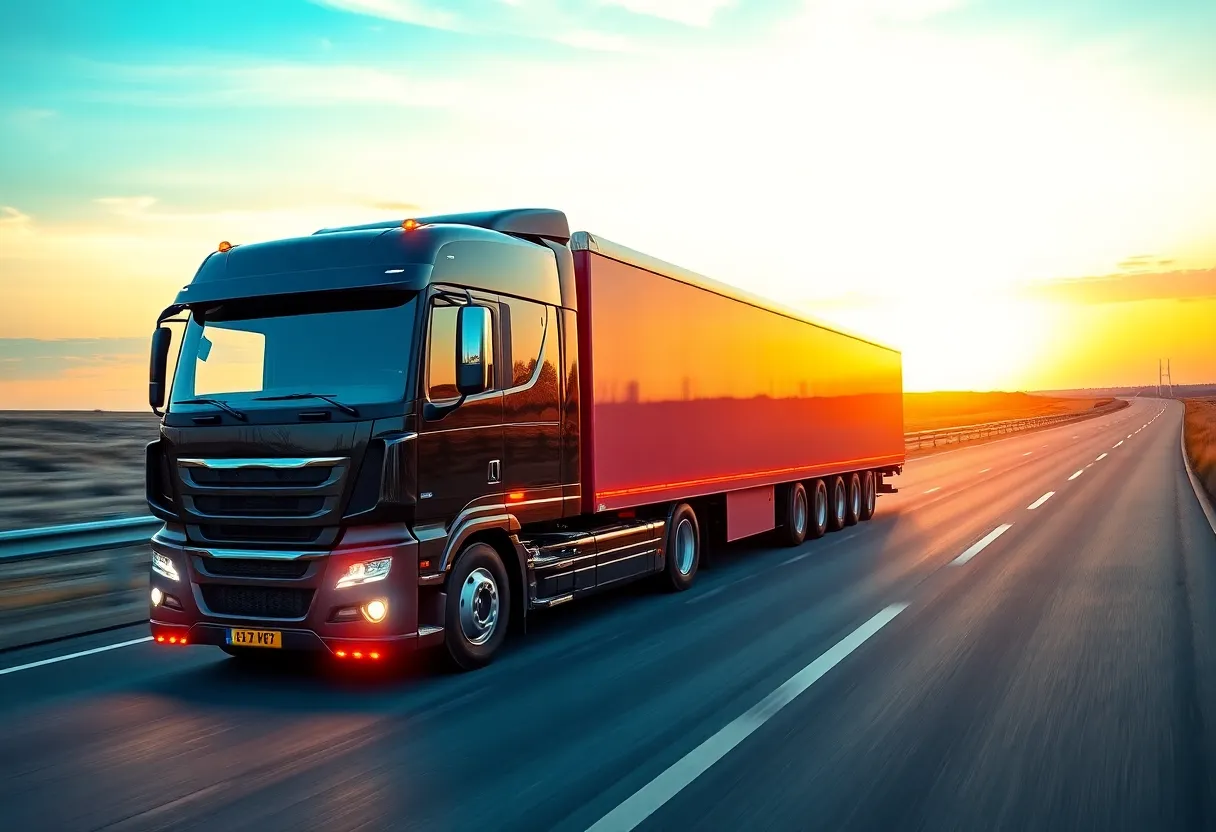 Heavy-duty truck showcasing future technology on an open highway during sunset.