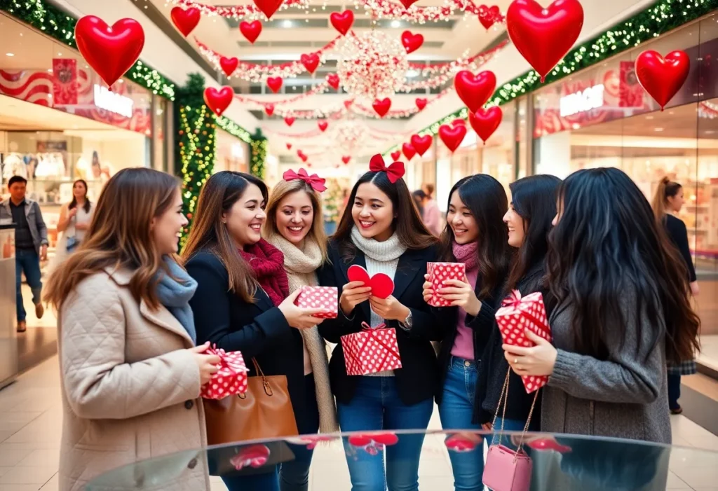 Women celebrating Galentine's Day at a shopping center