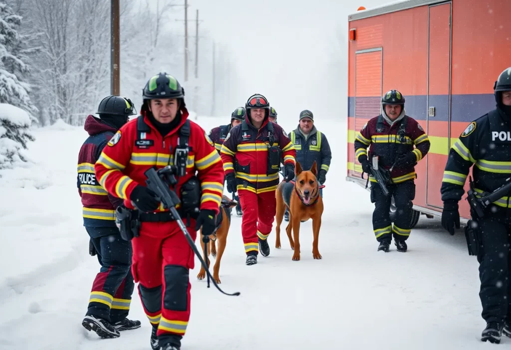 First responders and K-9 unit conducting a rescue in snowy conditions