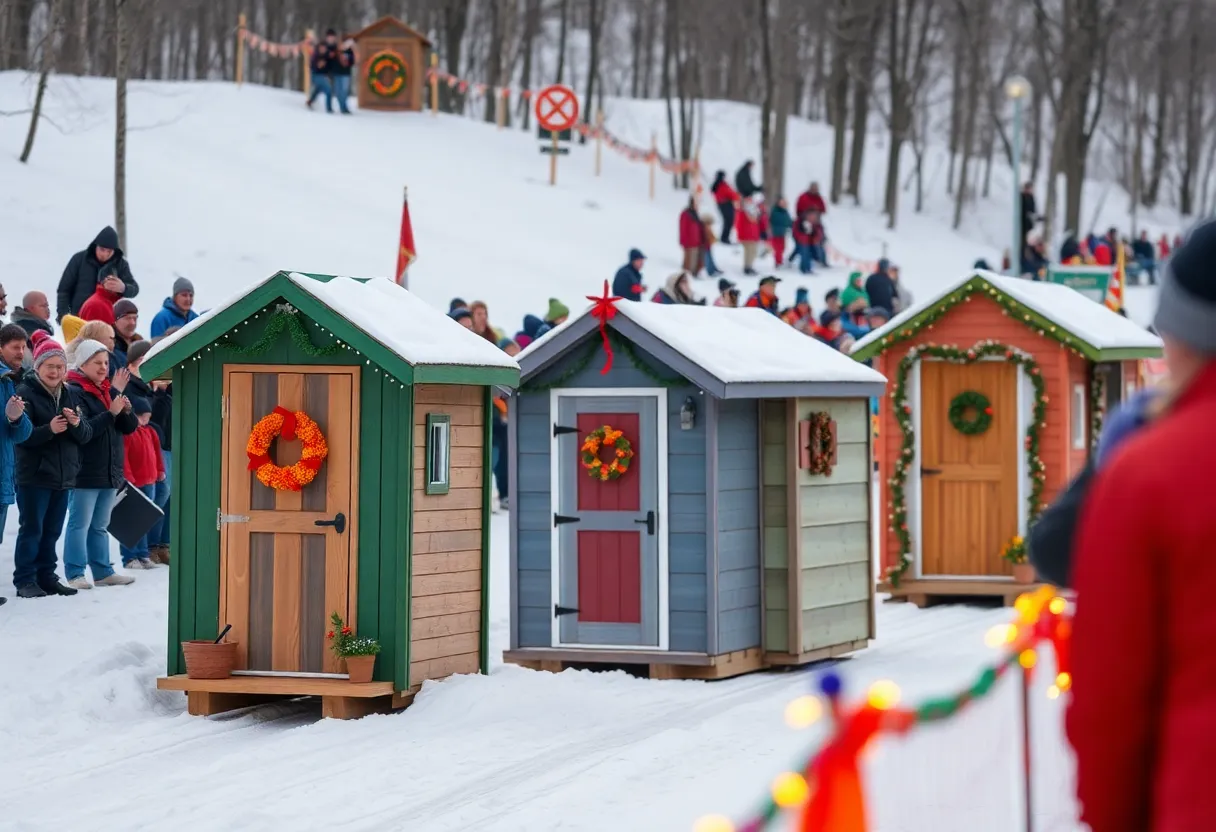 Homemade outhouses racing down a snowy track during the Great Outhouse Races in Sapphire, North Carolina.