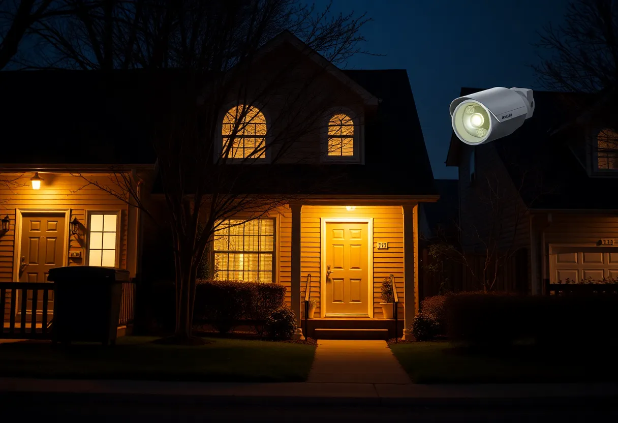 A well-lit house with security features during the night.