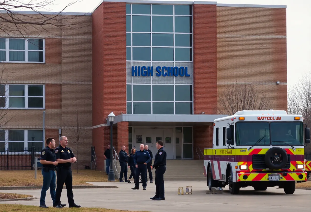 Law enforcement and bomb squad at Hunter Huss High School after a bomb threat