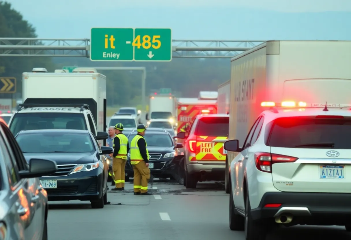 Emergency personnel responding to a traffic crash on I-485 in Charlotte