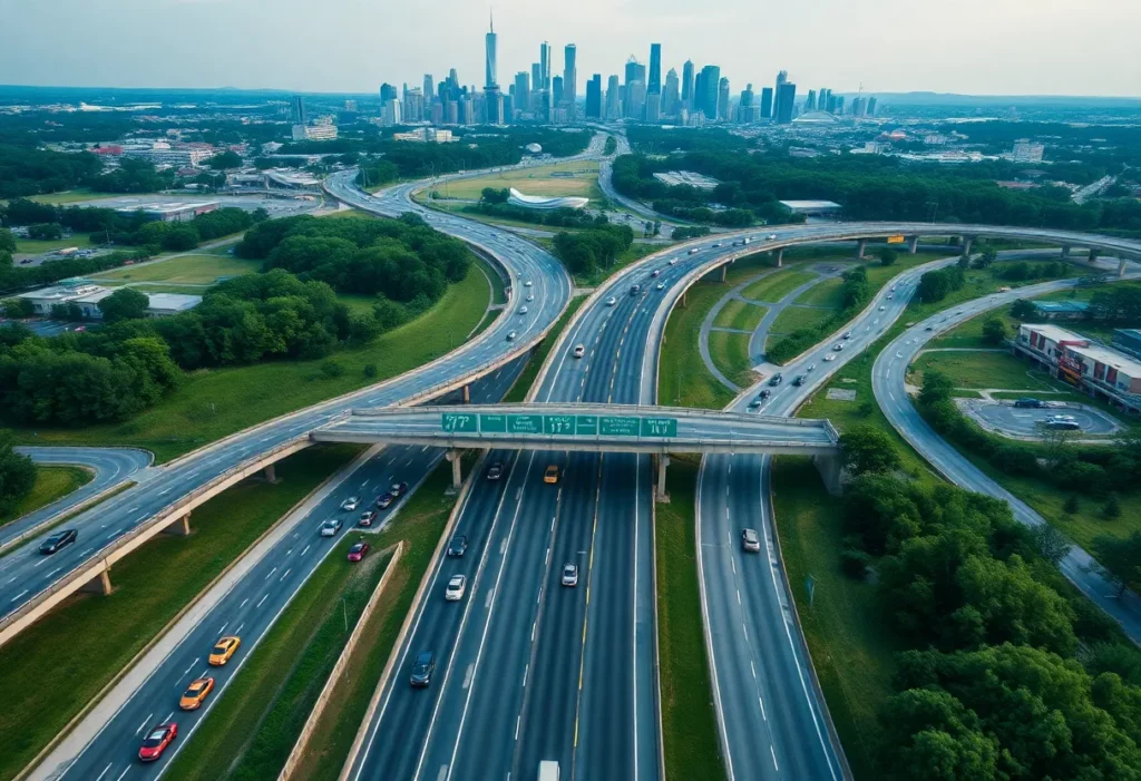 Aerial view of I-77 toll lanes in Charlotte, showcasing traffic and city skyline