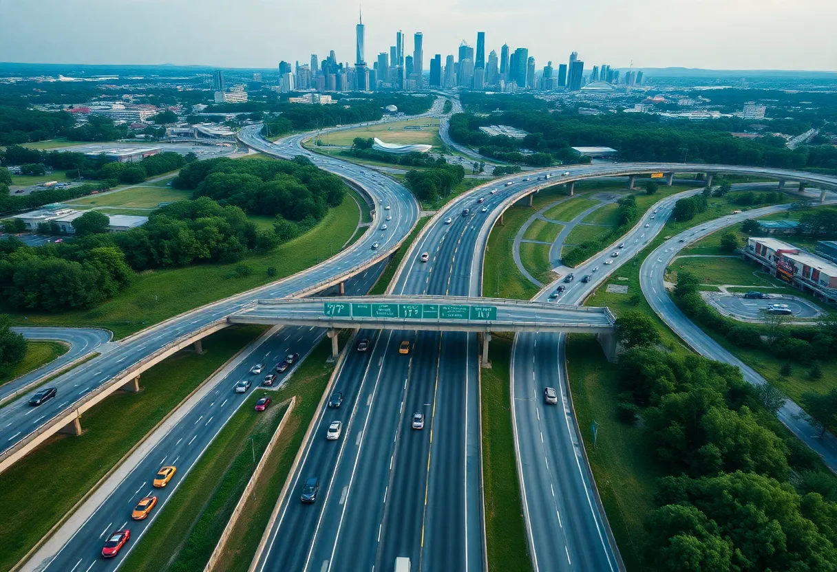 Aerial view of I-77 toll lanes in Charlotte, showcasing traffic and city skyline