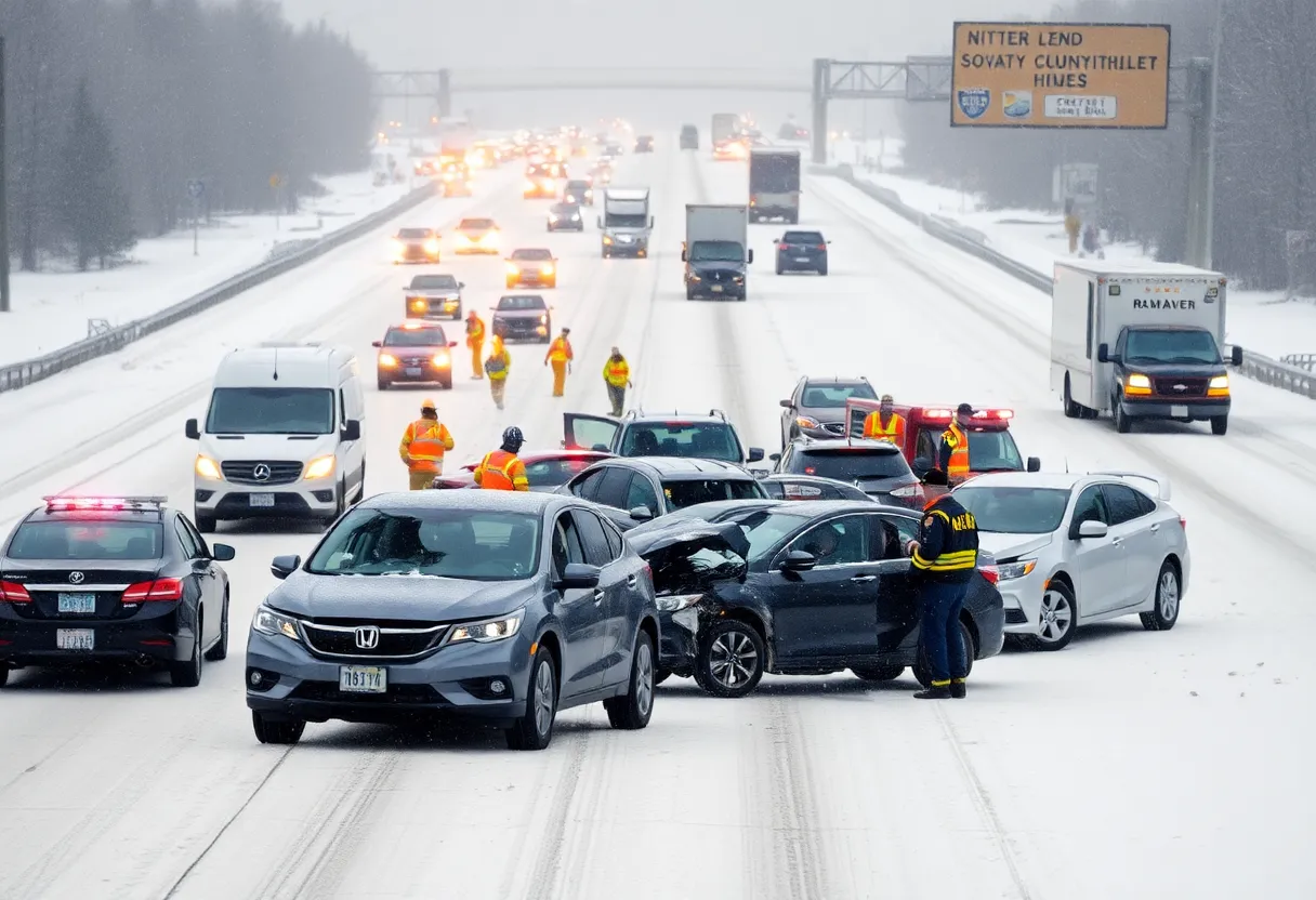 Emergency responders work to clear vehicles from a snowy interstate pileup