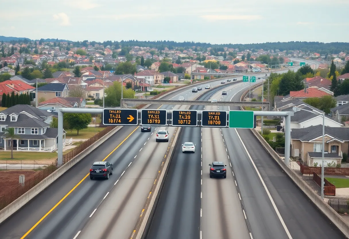 Overview of I-77 toll lane project in Charlotte with view of highway and urban surroundings.