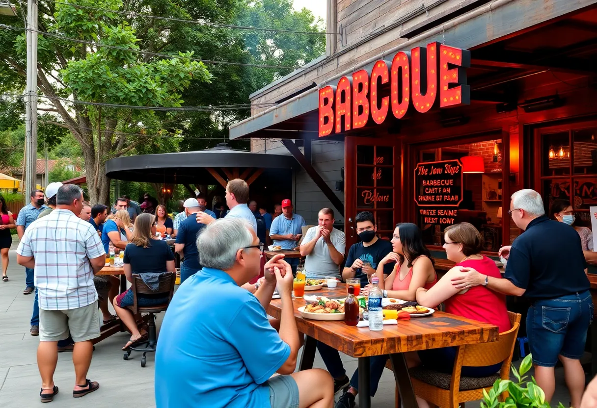 People enjoying outdoor dining at The Improper Pig in Plaza Midwood, Charlotte.