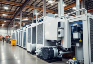 Abstract representation of industrial refrigeration systems in a warehouse setting