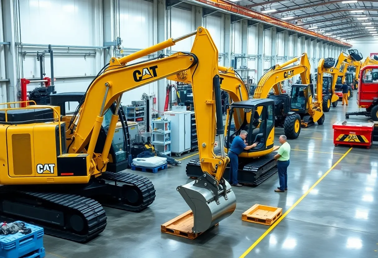 Modern excavator factory in North Carolina with workers and machinery.