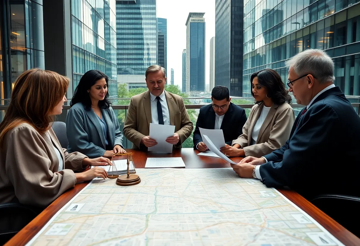 Judicial candidates engaged in discussion over a table with documents and maps