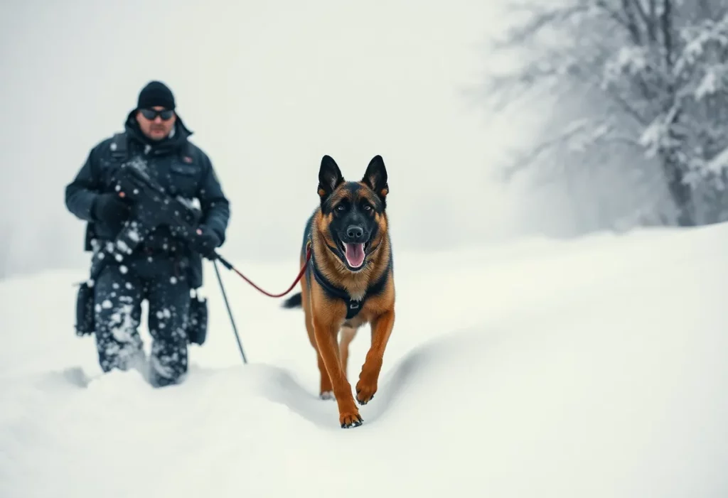 K-9 Bo tracking in deep snow during a rescue operation.