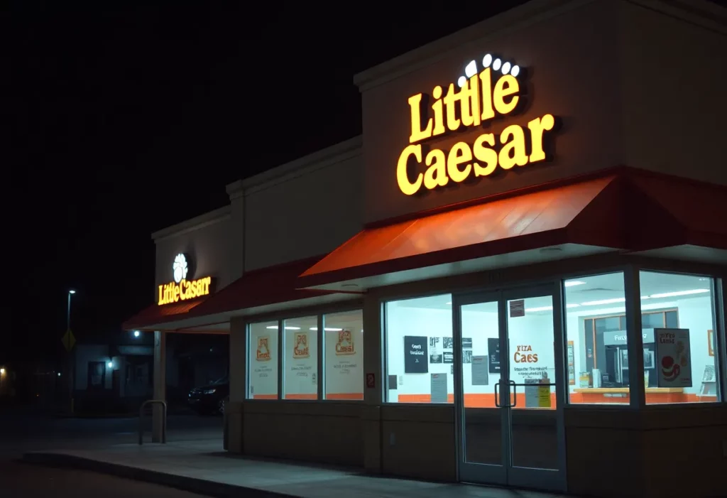 Exterior view of a Little Caesars restaurant in Kinston, North Carolina at night.