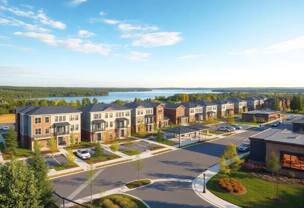 Artistic rendering of the new Lake Norman mixed-use community with homes and commercial areas.