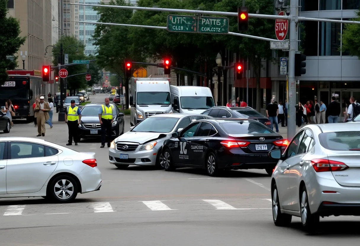 Scene of a car collision in Uptown Charlotte involving a GMC Hummer and a Kia sedan.