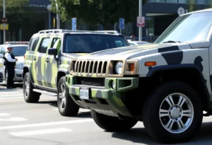 Scene of a two-car collision between a camouflage-colored Hummer and a Kia sedan