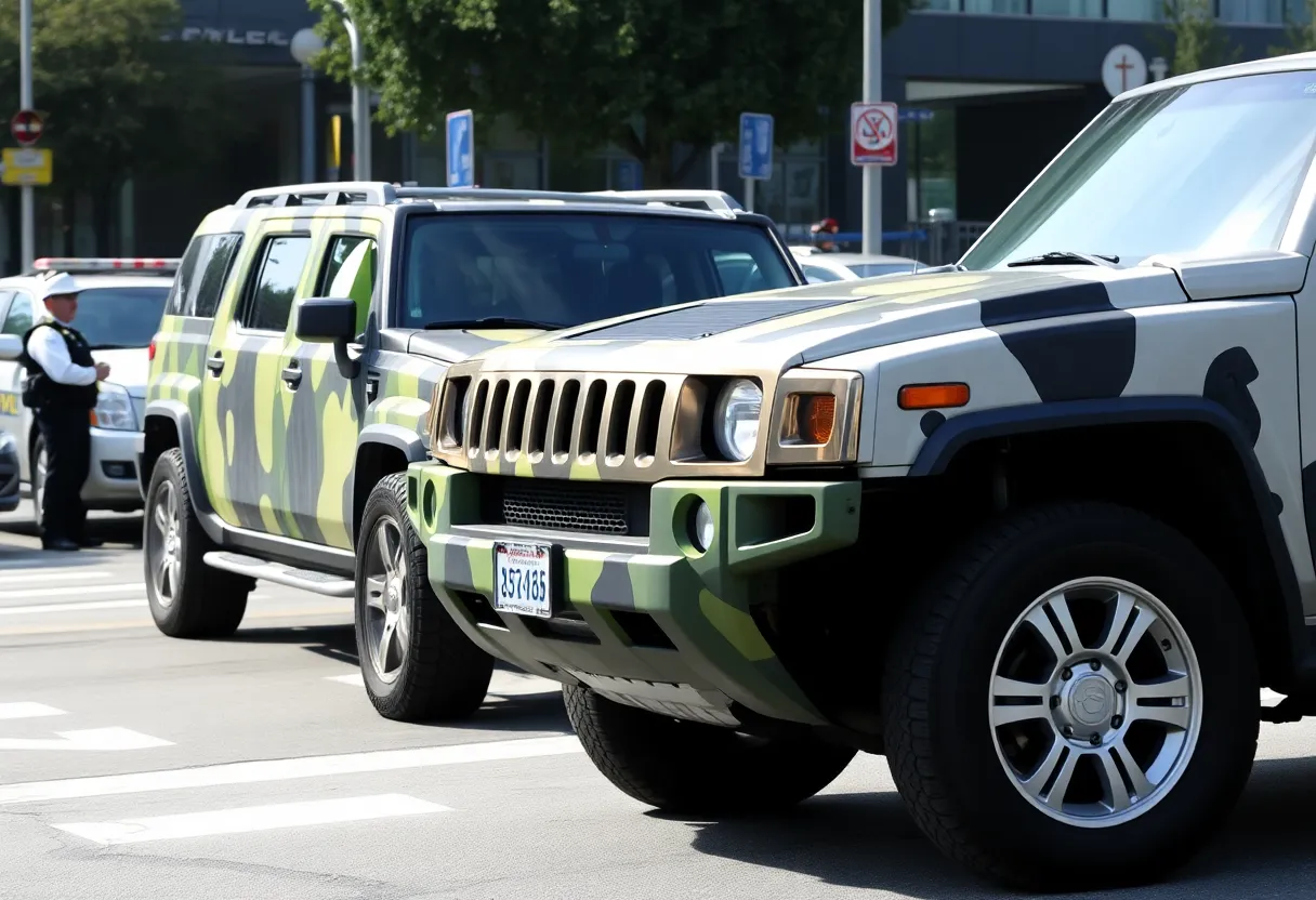 Scene of a two-car collision between a camouflage-colored Hummer and a Kia sedan