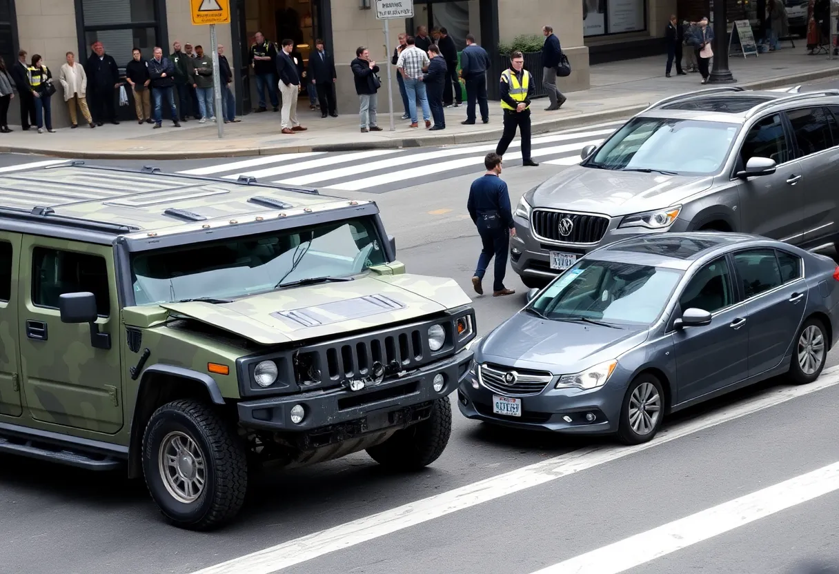 A scene depicting a car crash involving a Hummer and a sedan in downtown Charlotte