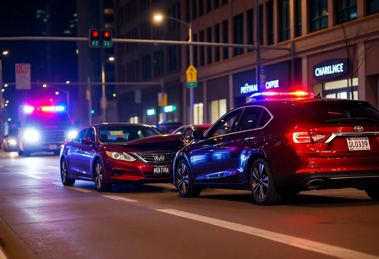 Scene of a car crash in uptown Charlotte with damaged vehicles