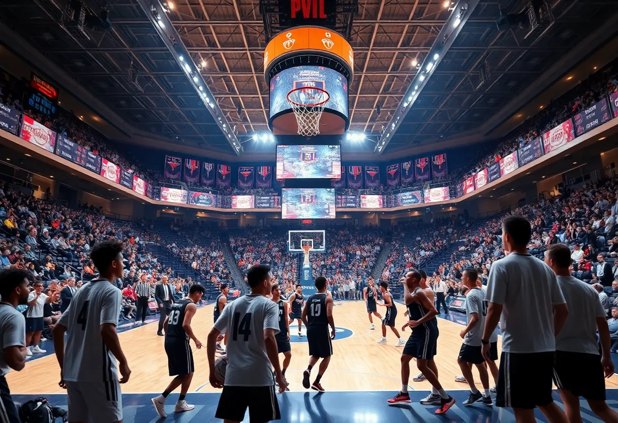 Players in a basketball game showing teamwork and determination