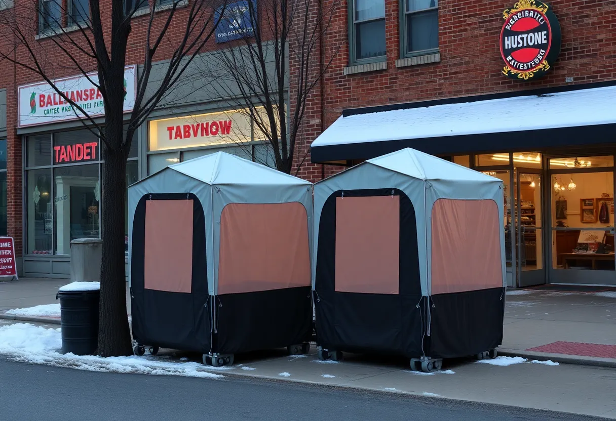 Temporary warming pods set up for the homeless in downtown Lenoir, North Carolina
