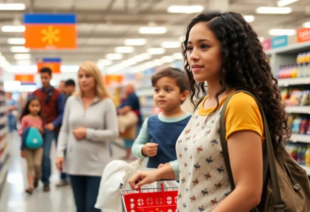 Interior of Walmart store with families shopping.