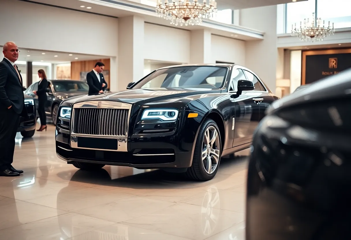Interior of a luxury car showroom featuring a Rolls-Royce vehicle