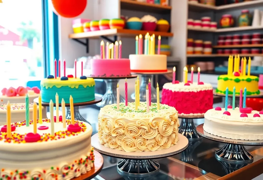 An array of colorful birthday cakes from Manolo's Bakery