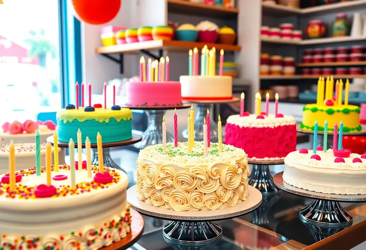 An array of colorful birthday cakes from Manolo's Bakery
