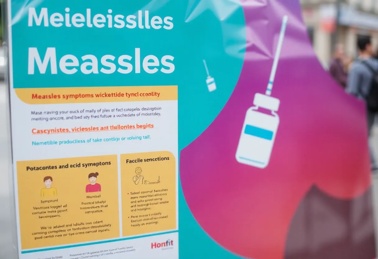 Public health awareness poster about measles and vaccination.