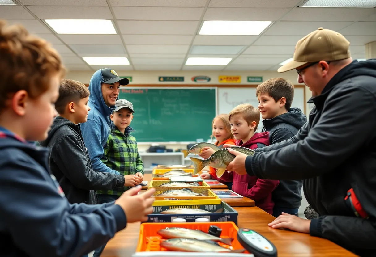 Third-grade students participate in an interactive mentorship session with professional anglers.