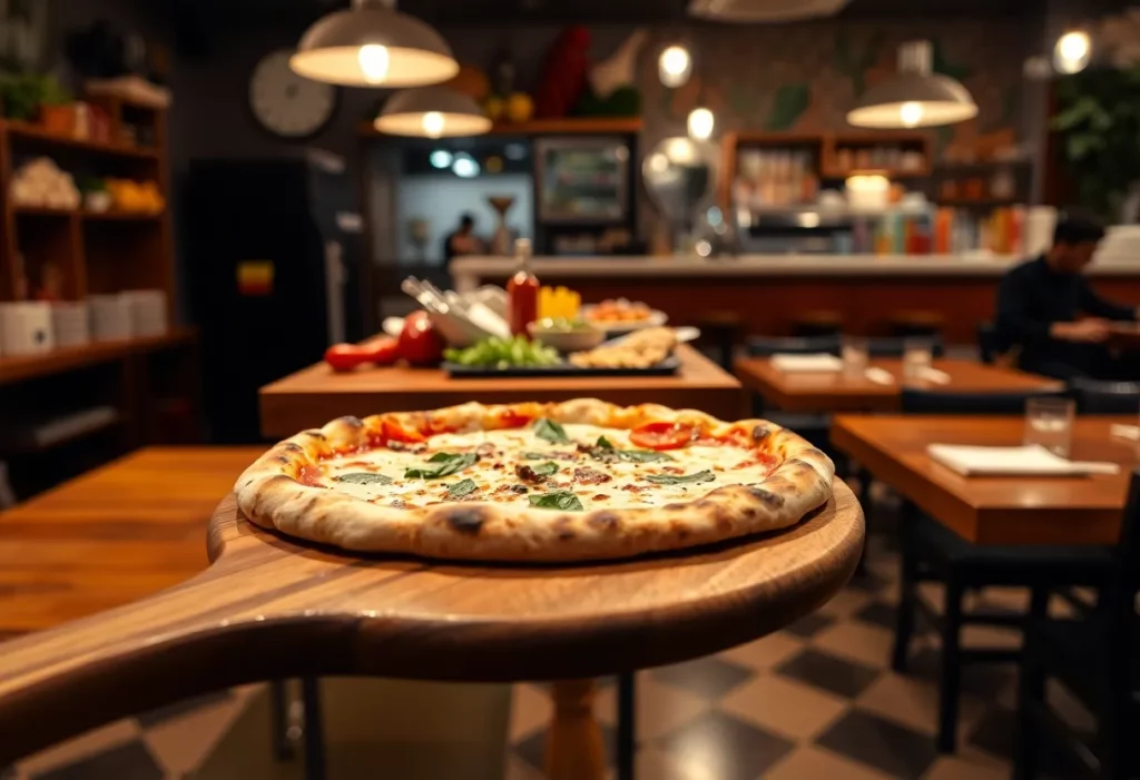 Interior view of Mister O1 Pizzeria with pizza preparation in progress
