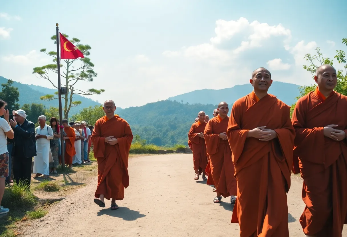 Buddhist monks walking peacefully with a supportive crowd during the Peace Walk.