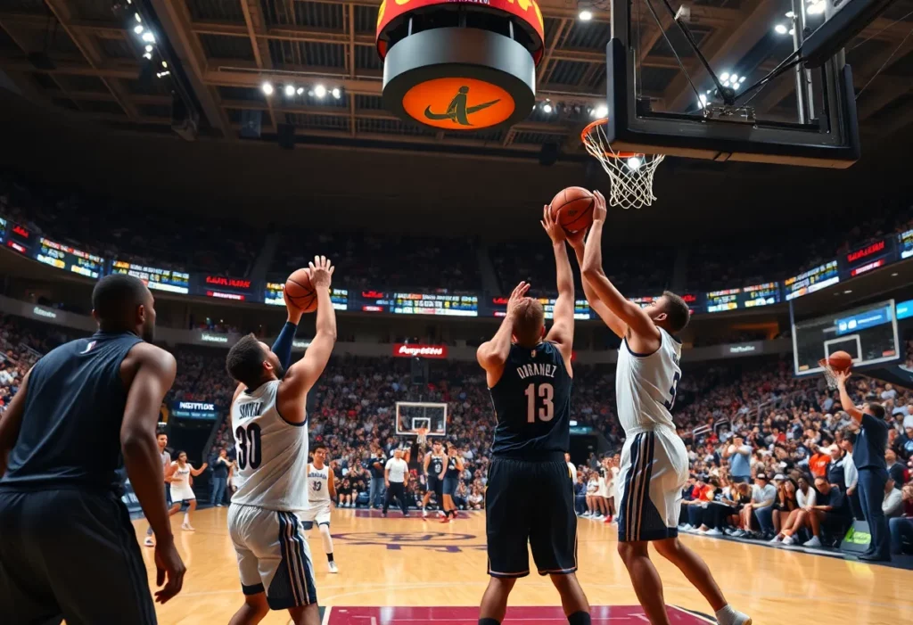 Players participating in the NBA All-Star 3-Point Contest shooting basketballs in an electrifying arena.