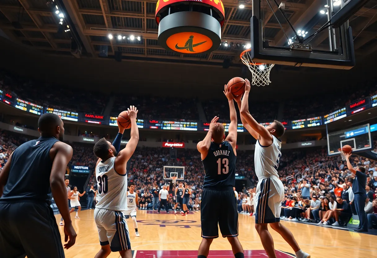 Players participating in the NBA All-Star 3-Point Contest shooting basketballs in an electrifying arena.