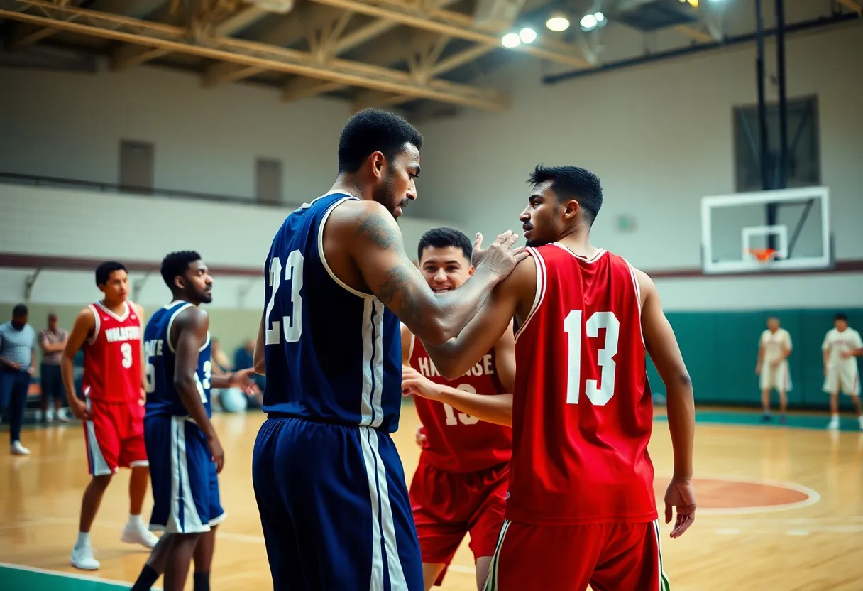 An intense basketball game with players showing tension.