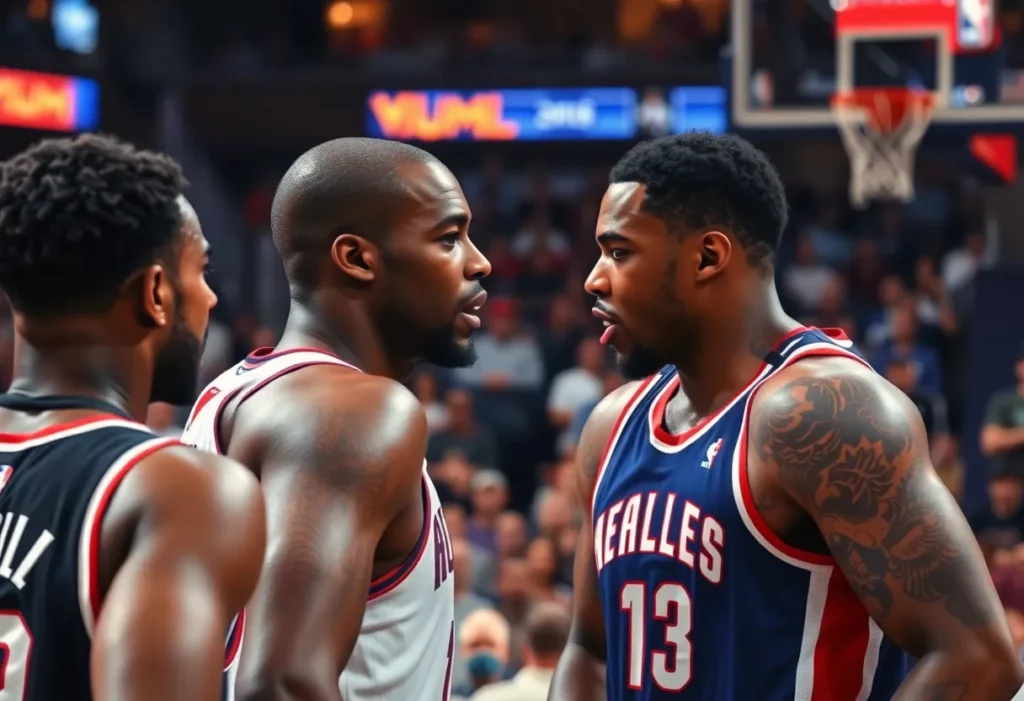 Basketball players in a heated confrontation during a game.