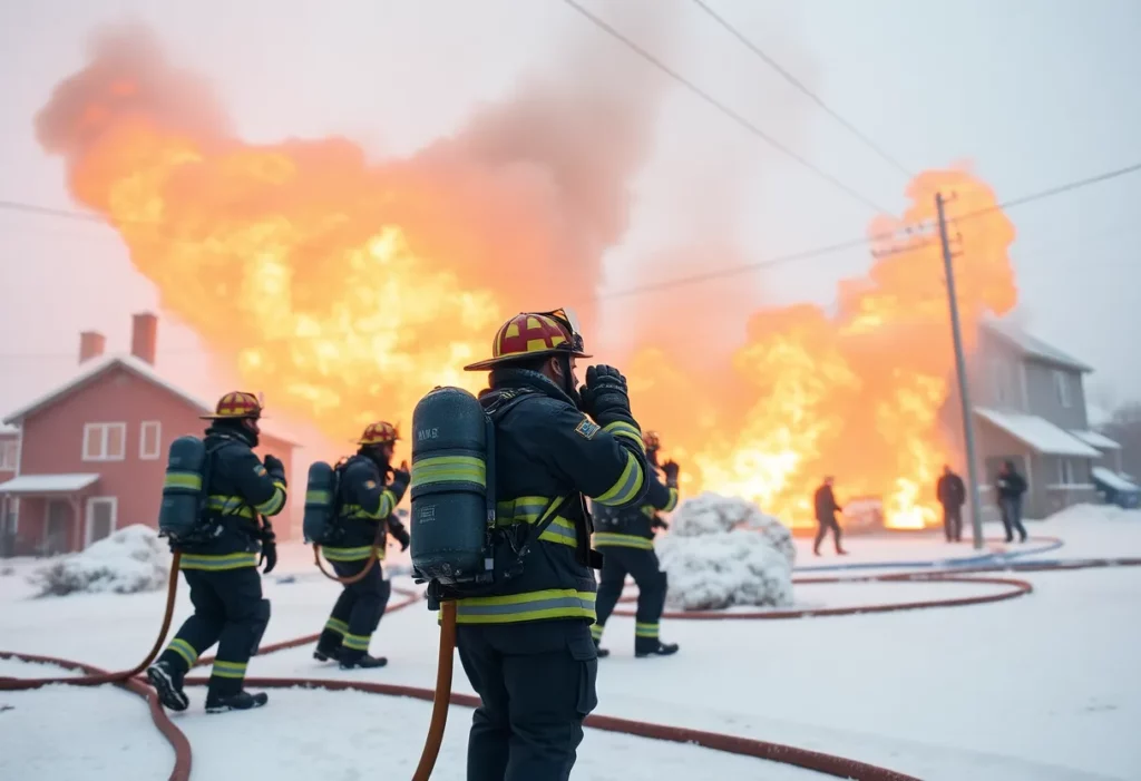 Firefighters battling a blaze during a snowstorm in North Carolina.
