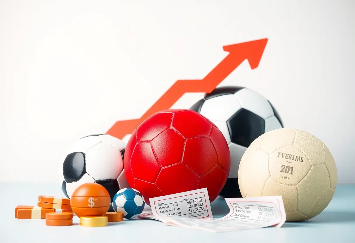 Abstract representation of North Carolina sports betting growth with sports equipment.