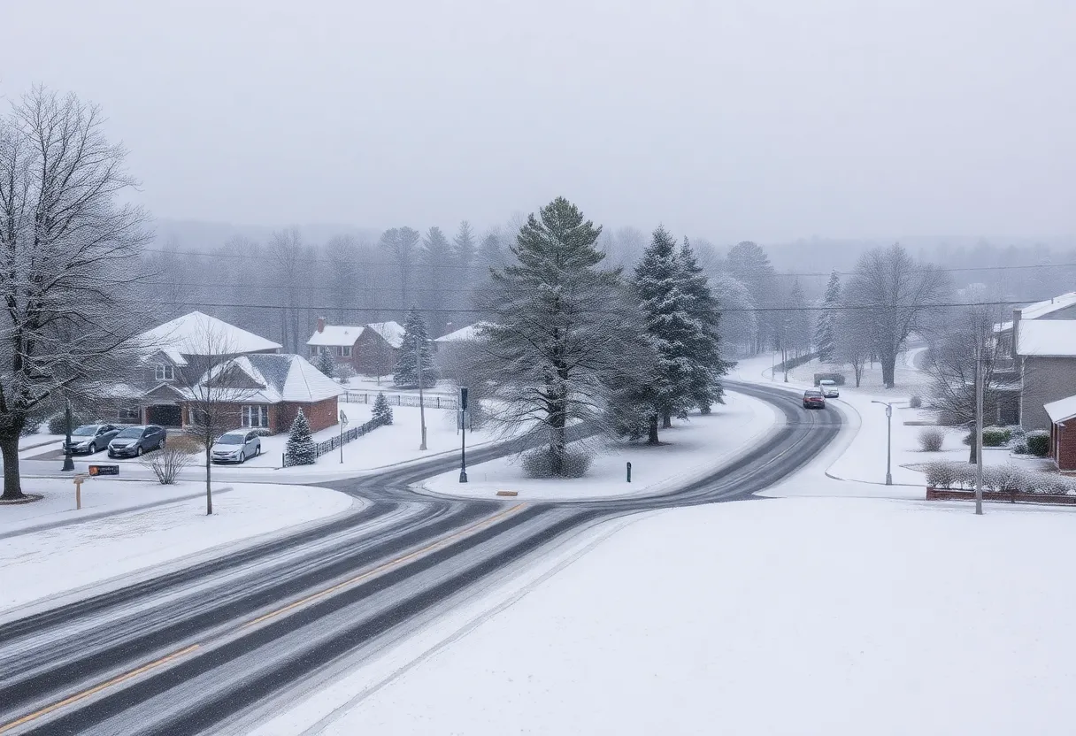 Snow-covered street in North Carolina during winter storm
